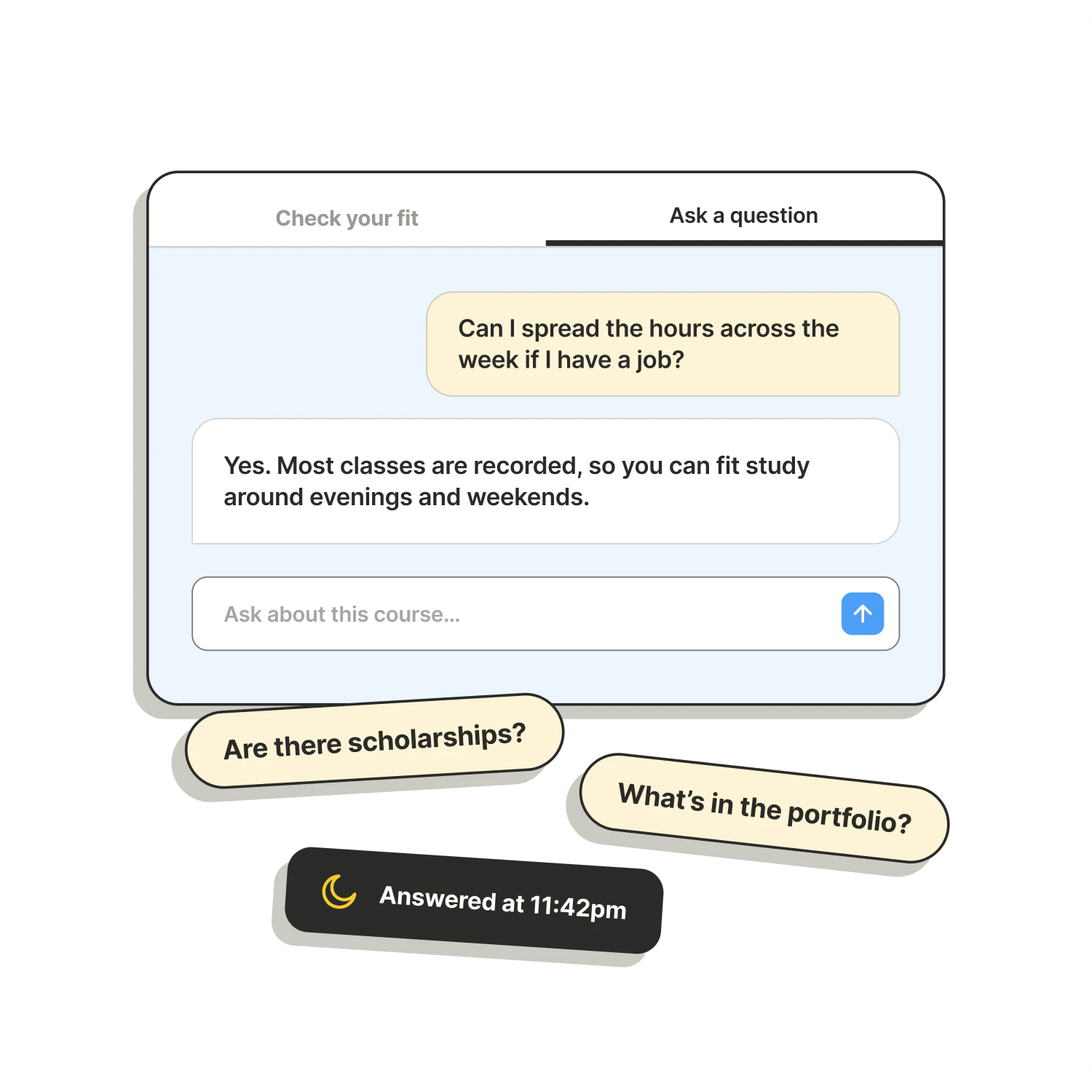 FitCheck’s Ask a question chat answering whether study hours can be spread across the week, answered at 11:42pm, with more questions students ask