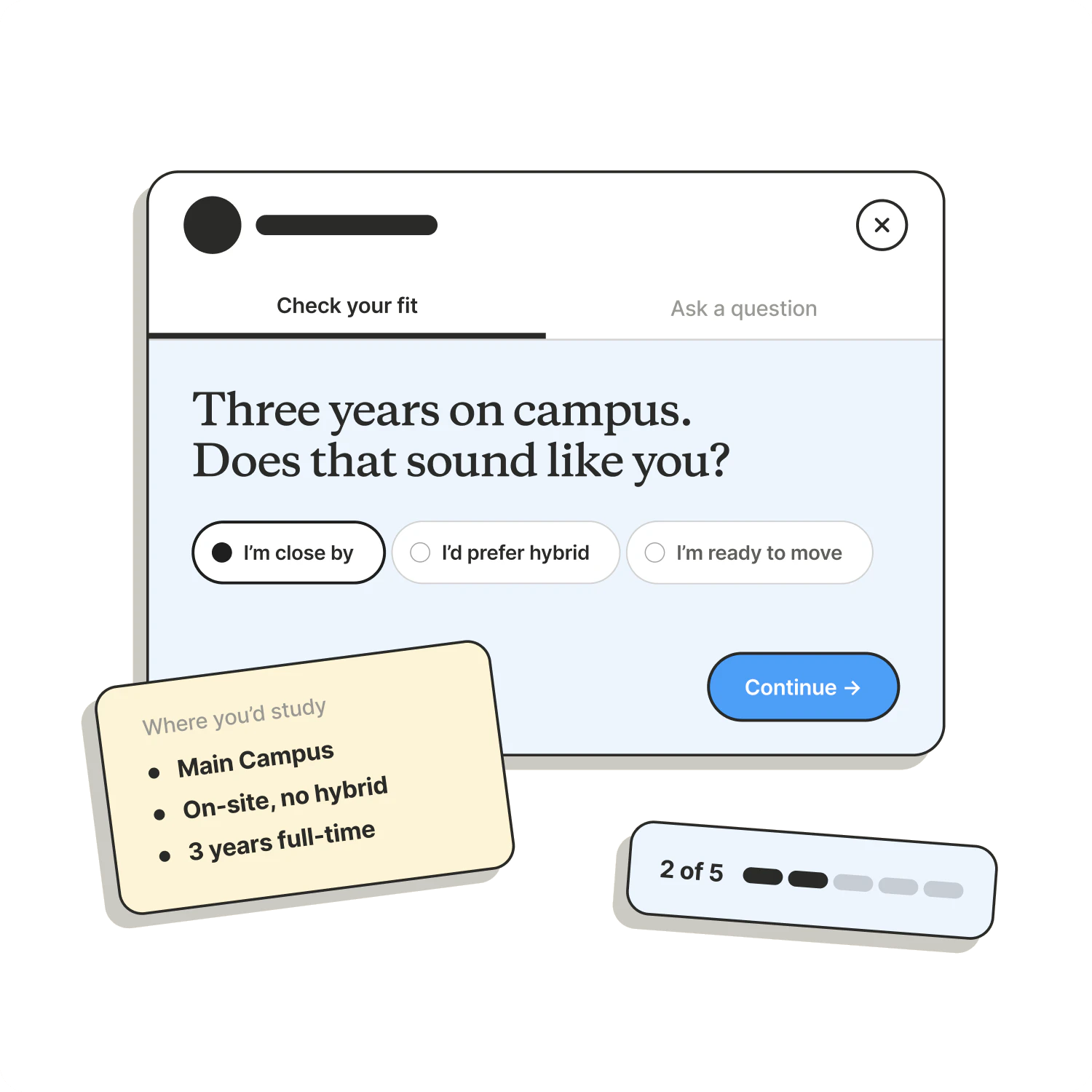 FitCheck asking “Three years on campus. Does that sound like you?”, with “I’m ready to move” chosen, a card of where you’d study and a 2 of 5 progress marker