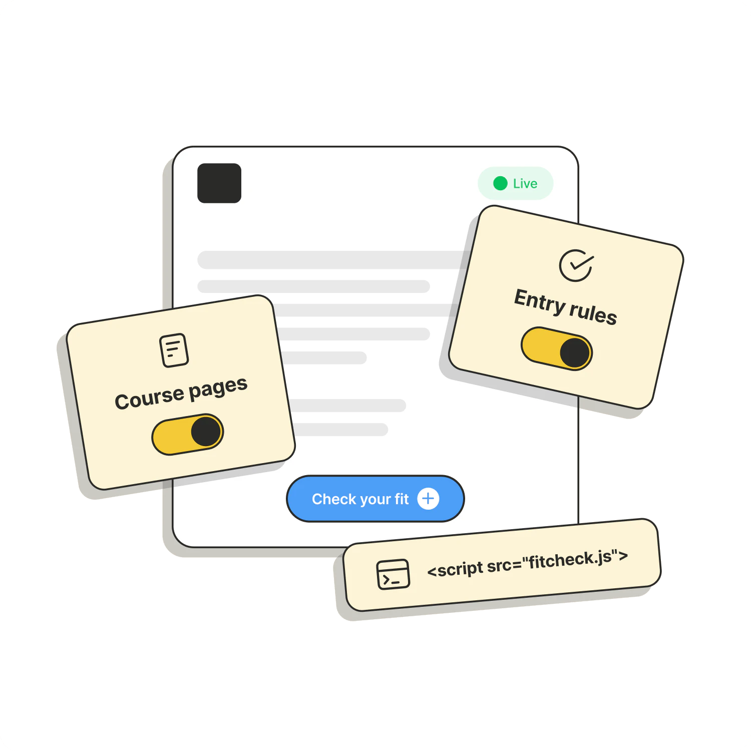A course page with FitCheck added: Course pages and Entry rules switched on, a Live badge, the Check your fit button and the one line of script that adds it